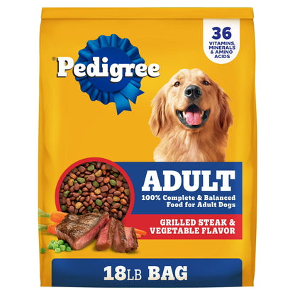 Pedigree Adult Dry Dog Food, Complete Nutrition with Grilled Steak & Vegetable Flavor, 18 lb Bag